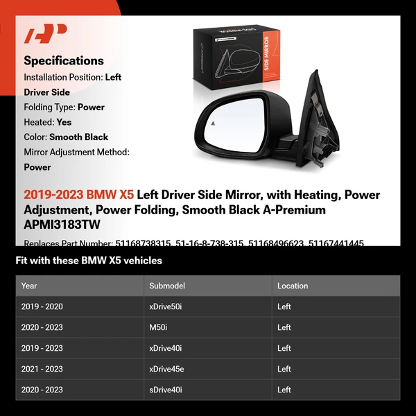 2019-2023 BMW X5 Left Driver Side Mirror, with Heating, Power Adjustment, Power Folding, Smooth Black A-Premium APMI3183TW