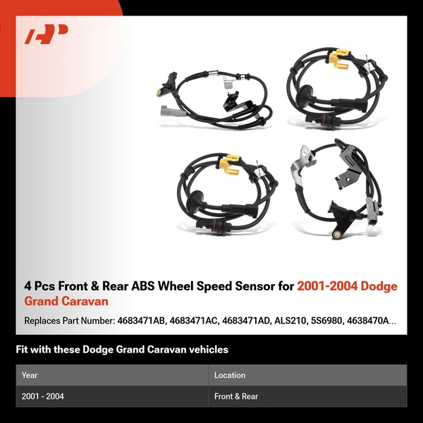 4 Pcs Front & Rear ABS Wheel Speed Sensor for 2001-2004 Dodge Grand Caravan