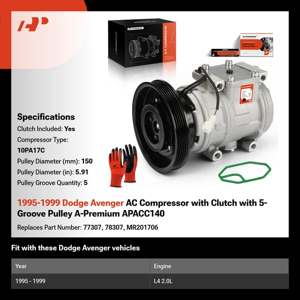 1995-1999 Dodge Avenger AC Compressor with Clutch with 5-Groove Pulley A-Premium APACC140