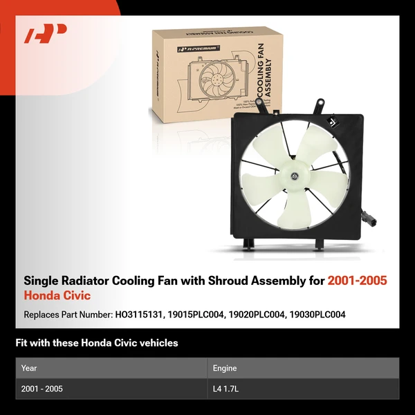 Single Radiator Cooling Fan with Shroud Assembly for 2001-2005 Honda Civic