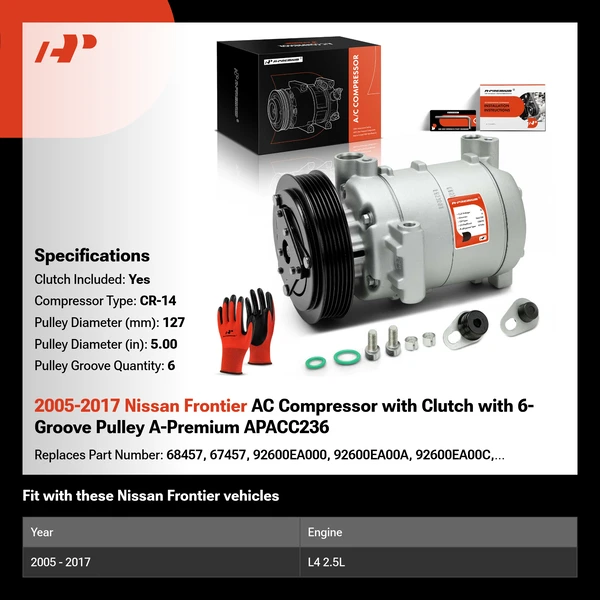 2005-2017 Nissan Frontier AC Compressor with Clutch with 6-Groove Pulley A-Premium APACC236
