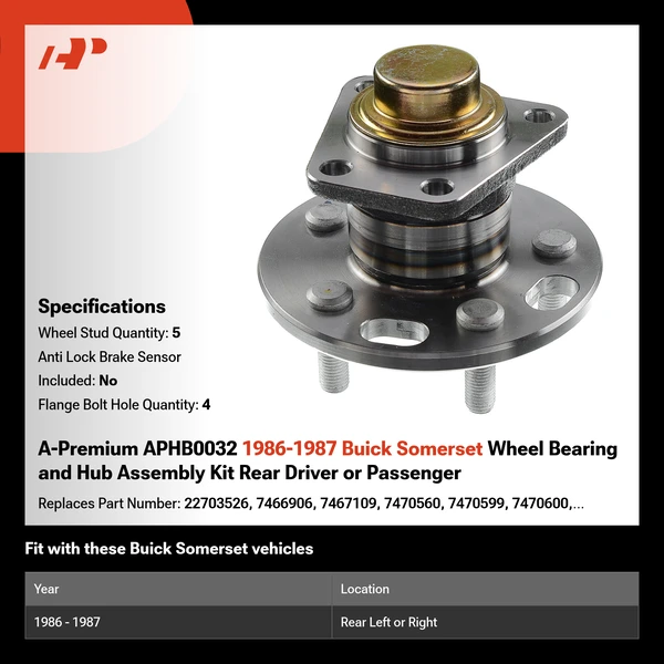 A-Premium APHB0032 1986-1987 Buick Somerset Wheel Bearing and Hub Assembly Kit Rear Driver or Passenger