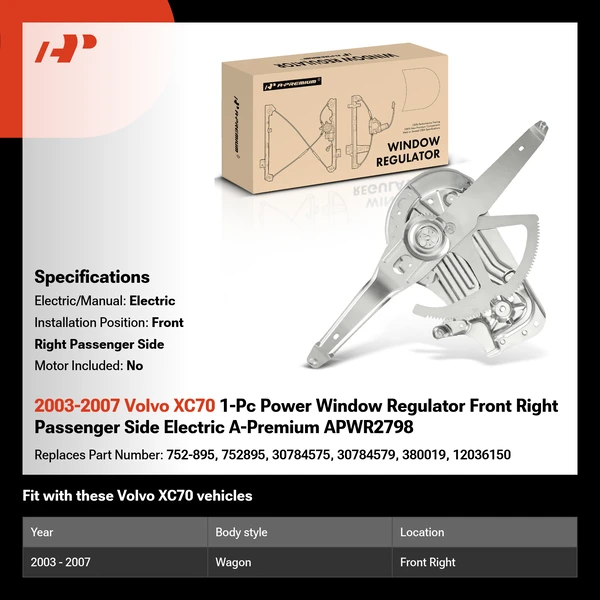 2003-2007 Volvo XC70 1-Pc Power Window Regulator Front Right Passenger Side Electric A-Premium APWR2798