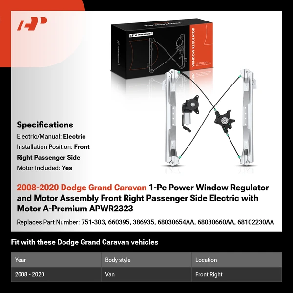 2008-2020 Dodge Grand Caravan 1-Pc Power Window Regulator and Motor Assembly Front Right Passenger Side Electric with Motor A-Premium APWR2323