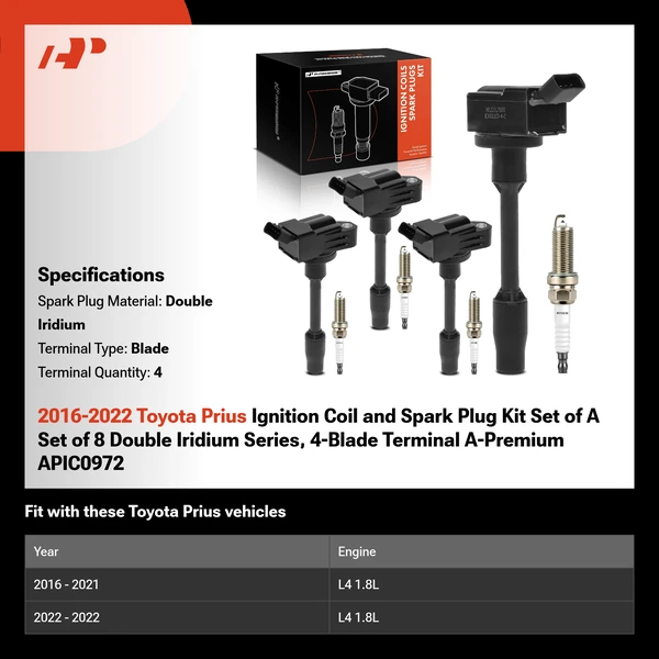 2016-2022 Toyota Prius Ignition Coil and Spark Plug Kit Set of A Set of 8 Double Iridium Series, 4-Blade Terminal A-Premium APIC0972