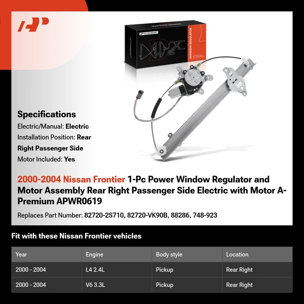 2000-2004 Nissan Frontier 1-Pc Power Window Regulator and Motor Assembly Rear Right Passenger Side Electric with Motor A-Premium APWR0619