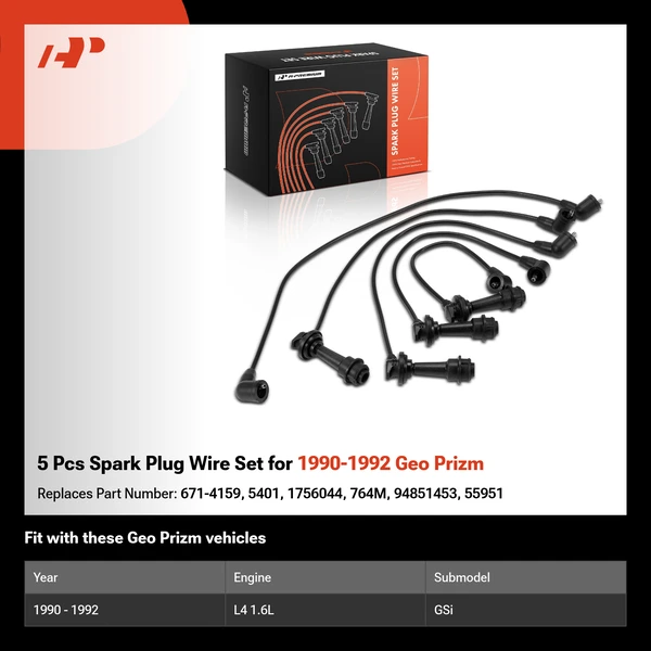5 Pcs Spark Plug Wire Set for 1990-1992 Geo Prizm