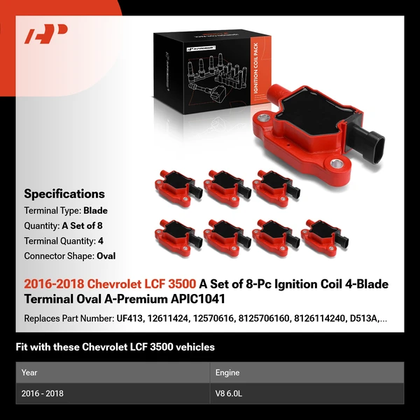 2016-2018 Chevrolet LCF 3500 A Set of 8-Pc Ignition Coil 4-Blade Terminal Oval A-Premium APIC1041