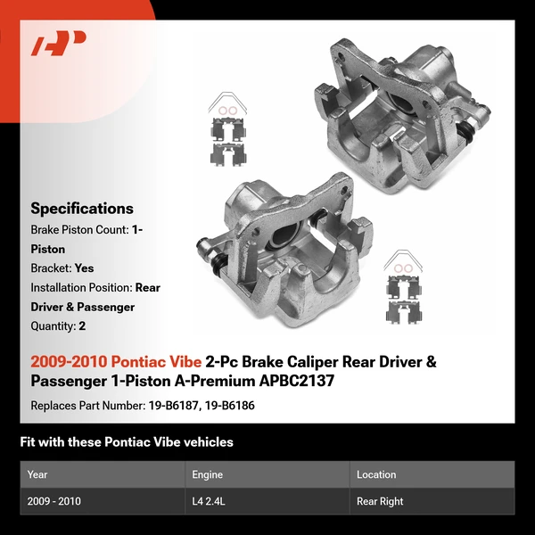 2009-2010 Pontiac Vibe 2-Pc Brake Caliper Rear Driver & Passenger 1-Piston A-Premium APBC2137