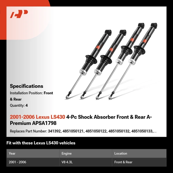 2001-2006 Lexus LS430 4-Pc Shock Absorber Front & Rear A-Premium APSA1798