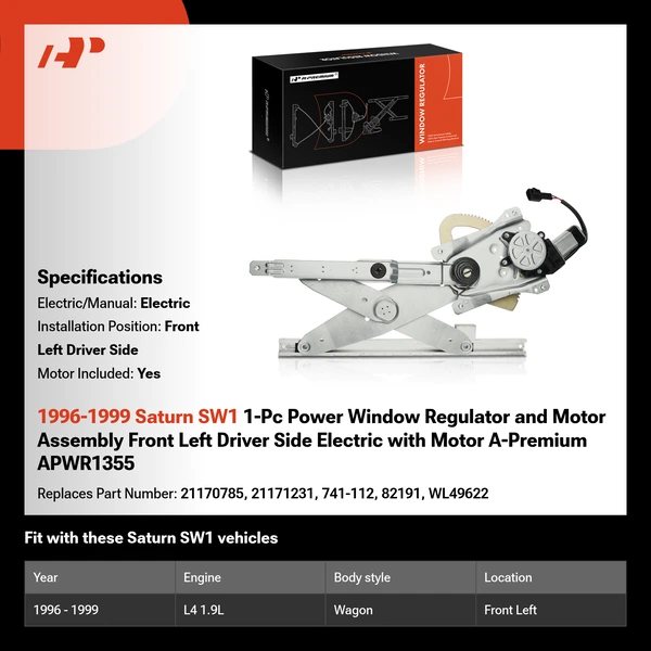 1996-1999 Saturn SW1 1-Pc Power Window Regulator and Motor Assembly Front Left Driver Side Electric with Motor A-Premium APWR1355