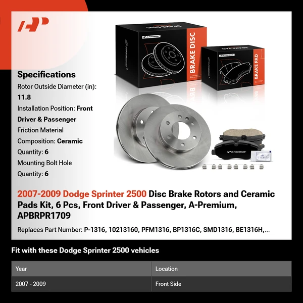 2007-2009 Dodge Sprinter 2500 Disc Brake Rotors and Ceramic Pads Kit, 6 Pcs, Front Driver & Passenger, A-Premium, APBRPR1709