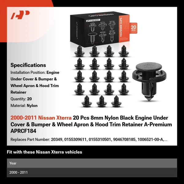 2000-2011 Nissan Xterra 20 Pcs 8mm Nylon Black Engine Under Cover & Bumper & Wheel Apron & Hood Trim Retainer A-Premium APRCF184