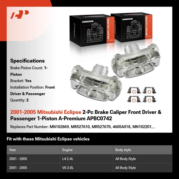 2001-2005 Mitsubishi Eclipse 2-Pc Brake Caliper Front Driver & Passenger 1-Piston A-Premium APBC0742