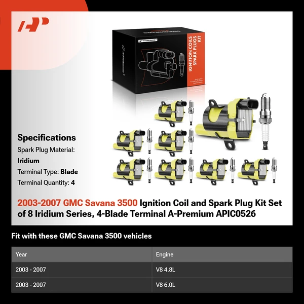 2003-2007 GMC Savana 3500 Ignition Coil and Spark Plug Kit Set of 8 Iridium Series, 4-Blade Terminal A-Premium APIC0526