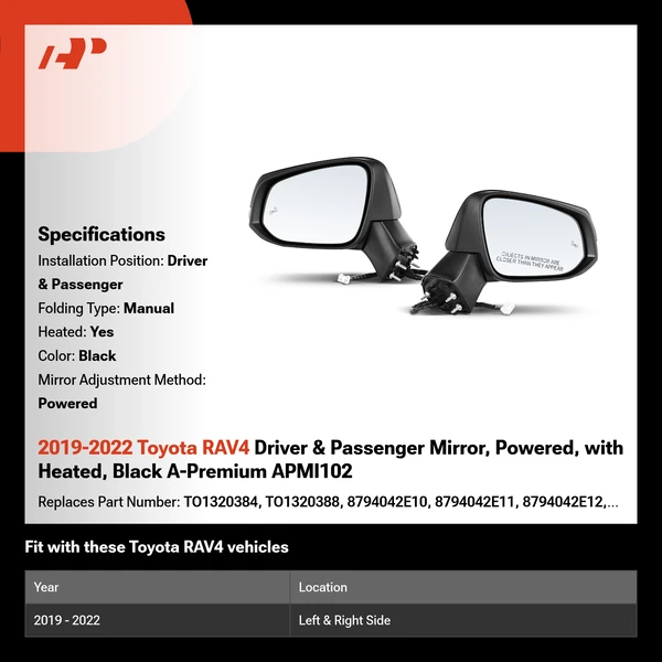 2019-2022 Toyota RAV4 Driver & Passenger Mirror, Powered, with Heated, Black A-Premium APMI102