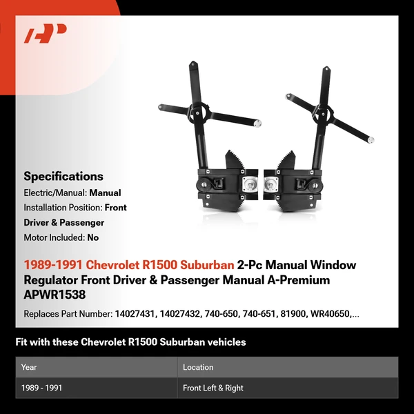 1989-1991 Chevrolet R1500 Suburban 2-Pc Manual Window Regulator Front Driver & Passenger Manual A-Premium APWR1538