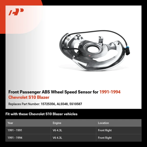 Front Passenger ABS Wheel Speed Sensor for 1991-1994 Chevrolet S10 Blazer