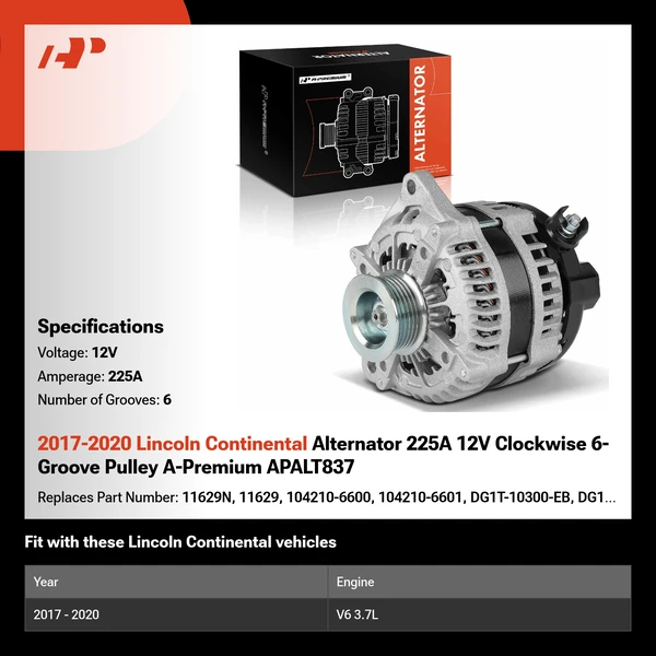 2017-2020 Lincoln Continental Alternator 225A 12V Clockwise 6-Groove Pulley A-Premium APALT837
