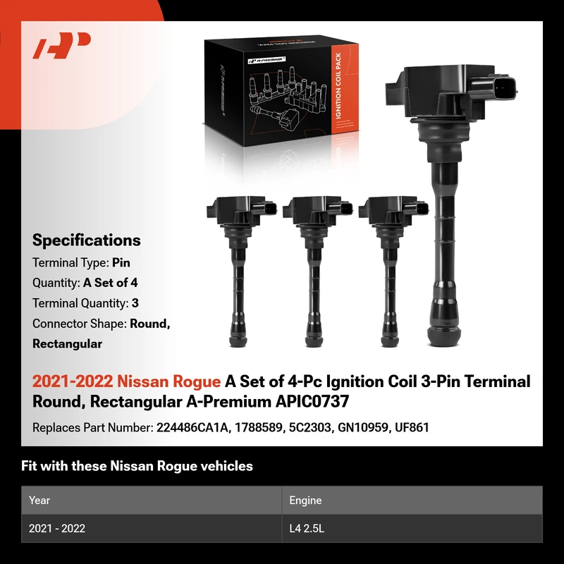 2021-2022 Nissan Rogue A Set of 4-Pc Ignition Coil 3-Pin Terminal Round, Rectangular A-Premium APIC0737