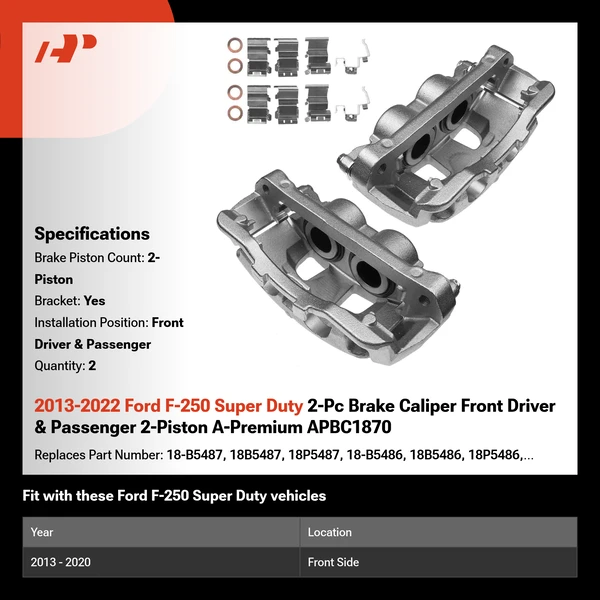 2013-2022 Ford F-250 Super Duty 2-Pc Brake Caliper Front Driver & Passenger 2-Piston A-Premium APBC1870