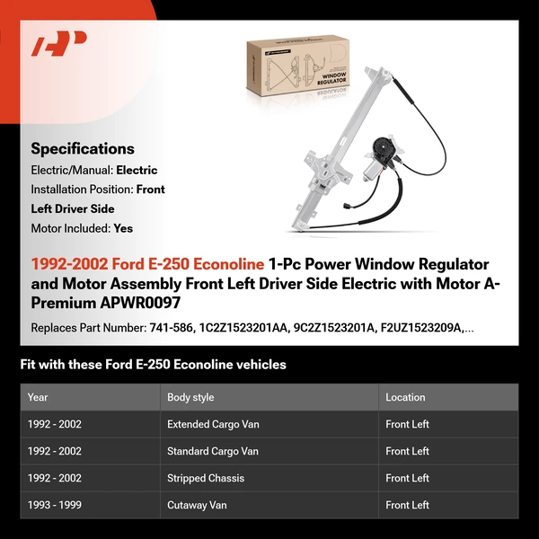 1992-2002 Ford E-250 Econoline 1-Pc Power Window Regulator and Motor Assembly Front Left Driver Side Electric with Motor A-Premium APWR0097