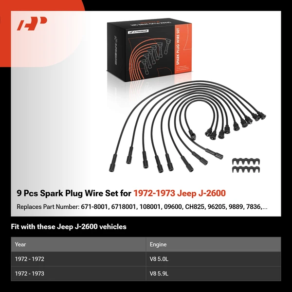 9 Pcs Spark Plug Wire Set for 1972-1973 Jeep J-2600