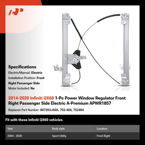 2014-2020 Infiniti QX60 1-Pc Power Window Regulator Front Right Passenger Side Electric A-Premium APWR1857