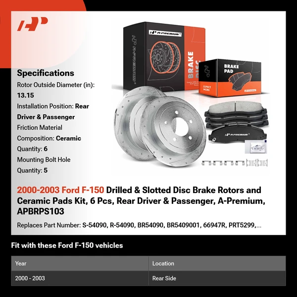 2000-2003 Ford F-150 Drilled & Slotted Disc Brake Rotors and Ceramic Pads Kit, 6 Pcs, Rear Driver & Passenger, A-Premium, APBRPS103