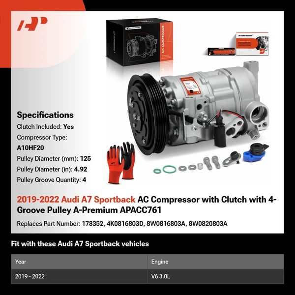 2019-2022 Audi A7 Sportback AC Compressor with Clutch with 4-Groove Pulley A-Premium APACC761