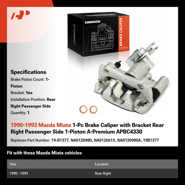 1990-1993 Mazda Miata 1-Pc Brake Caliper with Bracket Rear Right Passenger Side 1-Piston A-Premium APBC4330