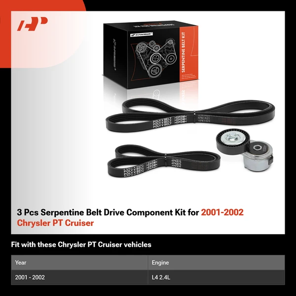 3 Pcs Serpentine Belt Drive Component Kit for 2001-2002 Chrysler PT Cruiser