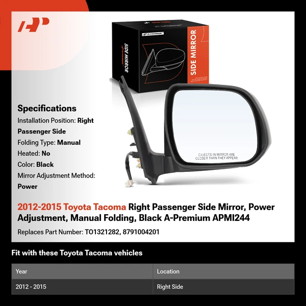 2012-2015 Toyota Tacoma Right Passenger Side Mirror, Power Adjustment, Manual Folding, Black A-Premium APMI244