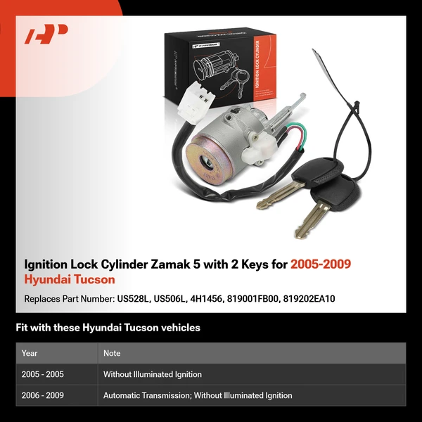 Ignition Lock Cylinder Zamak 5 with 2 Keys for 2005-2009 Hyundai Tucson