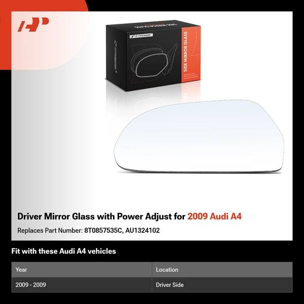 Driver Mirror Glass with Power Adjust for 2009 Audi A4