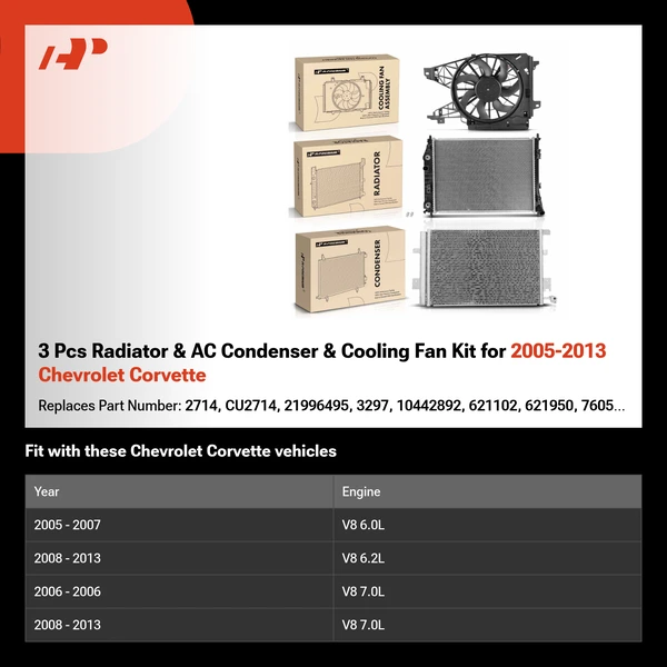 3 Pcs Radiator & AC Condenser & Cooling Fan Kit for 2005-2013 Chevrolet Corvette