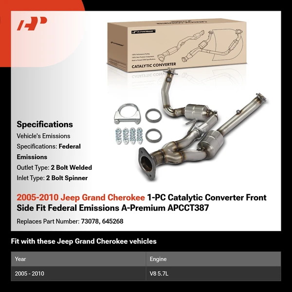 2005-2010 Jeep Grand Cherokee 1-PC Catalytic Converter Front Side Fit Federal Emissions A-Premium APCCT387