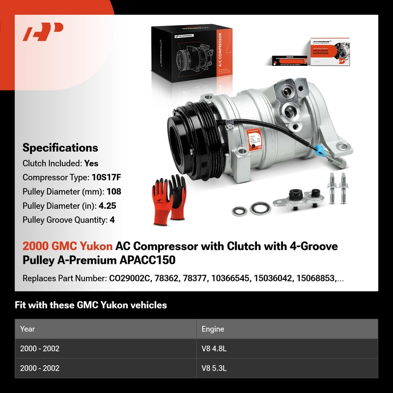 2000 GMC Yukon AC Compressor with Clutch with 4-Groove Pulley A-Premium APACC150
