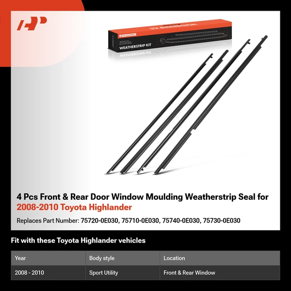 4 Pcs Front & Rear Door Window Moulding Weatherstrip Seal for 2008-2010 Toyota Highlander