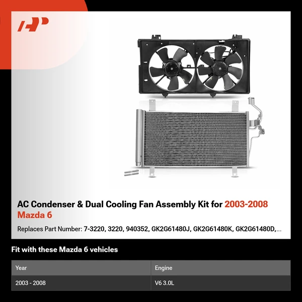 AC Condenser & Dual Cooling Fan Assembly Kit for 2003-2008 Mazda 6