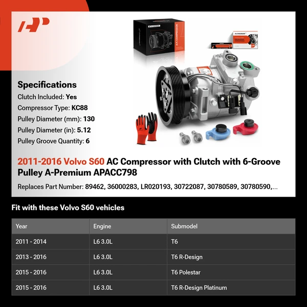 2011-2016 Volvo S60 AC Compressor with Clutch with 6-Groove Pulley A-Premium APACC798