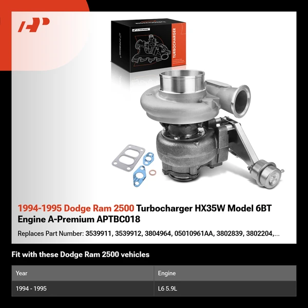 1994-1995 Dodge Ram 2500 Turbocharger HX35W Model 6BT Engine A-Premium APTBC018