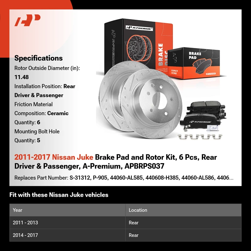 2011-2017 Nissan Juke Brake Pad and Rotor Kit, 6 Pcs, Rear Driver & Passenger, A-Premium, APBRPS037