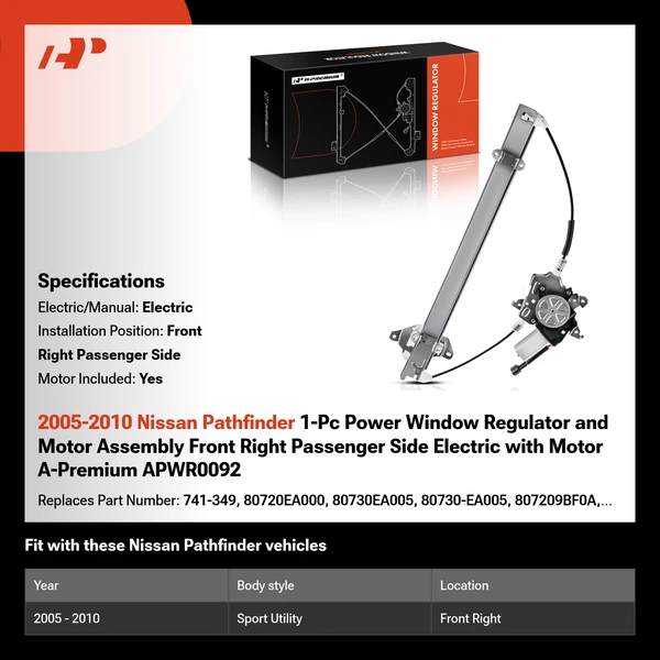 2005-2010 Nissan Pathfinder 1-Pc Power Window Regulator and Motor Assembly Front Right Passenger Side Electric with Motor A-Premium APWR0092