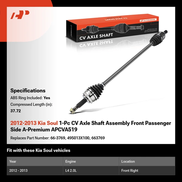 2012-2013 Kia Soul 1-Pc CV Axle Shaft Assembly Front Passenger Side A-Premium APCVA519