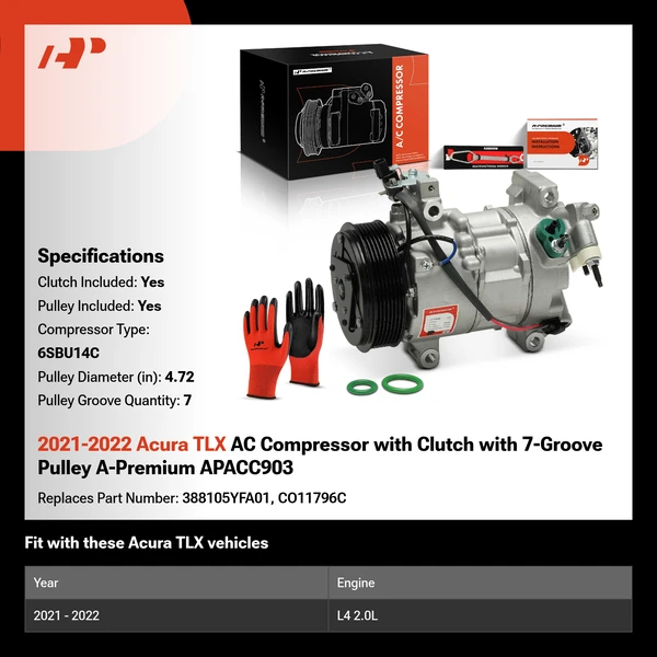 2021-2022 Acura TLX AC Compressor with Clutch with 7-Groove Pulley A-Premium APACC903