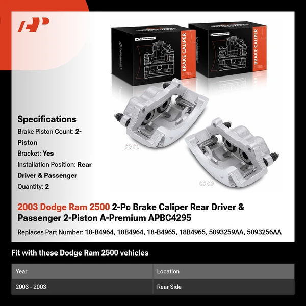 2003 Dodge Ram 2500 2-Pc Brake Caliper Rear Driver & Passenger 2-Piston A-Premium APBC4295