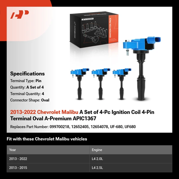 2013-2022 Chevrolet Malibu A Set of 4-Pc Ignition Coil 4-Pin Terminal Oval A-Premium APIC1367