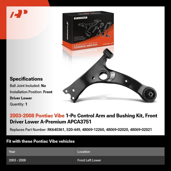 2003-2008 Pontiac Vibe 1-Pc Control Arm and Bushing Kit, Front Driver Lower A-Premium APCA3751