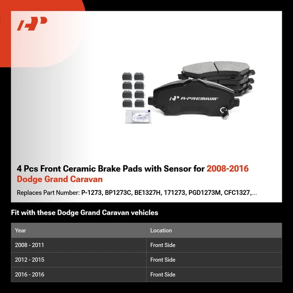 4 Pcs Front Ceramic Brake Pads with Sensor for 2008-2016 Dodge Grand Caravan